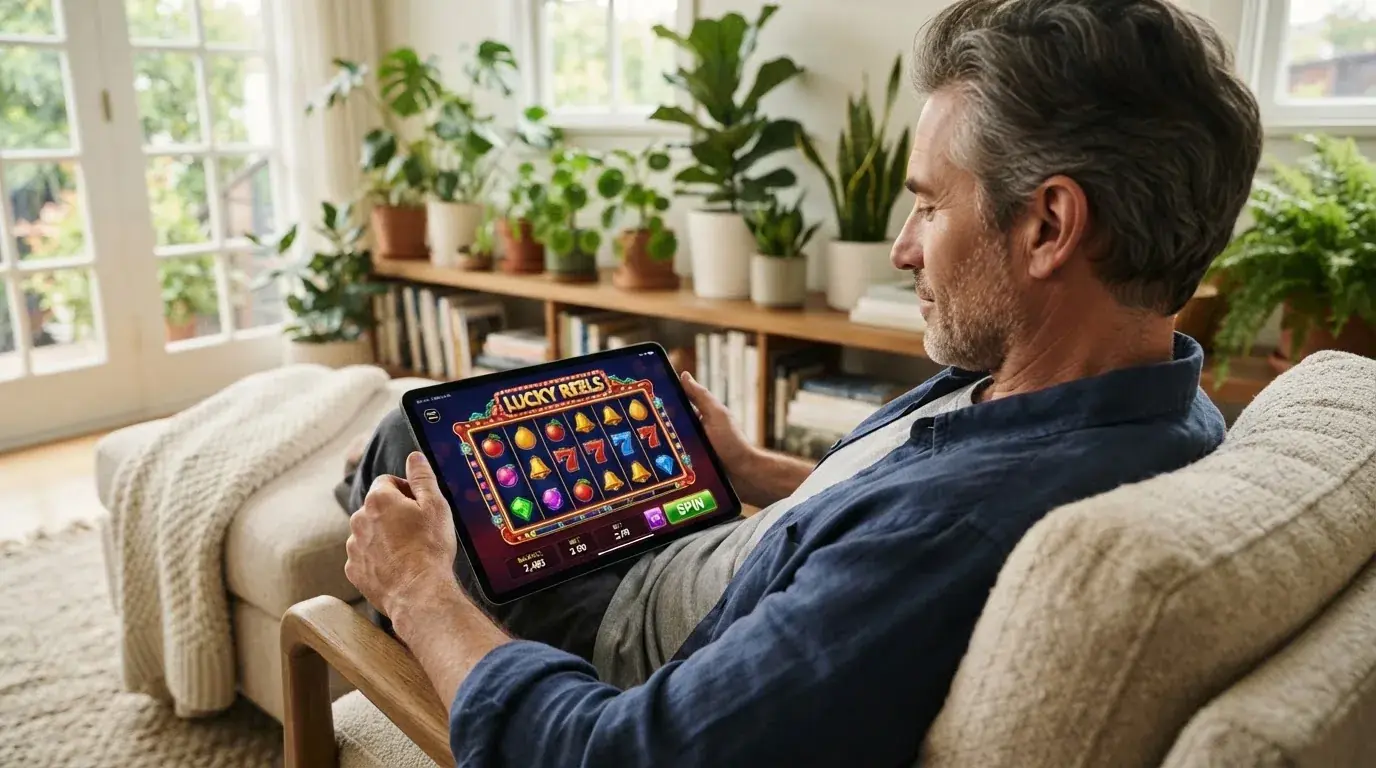 Een man leunt achterover op een stoel met een tablet op schoot, in een lichte woonkamer met planten op de achtergrond.