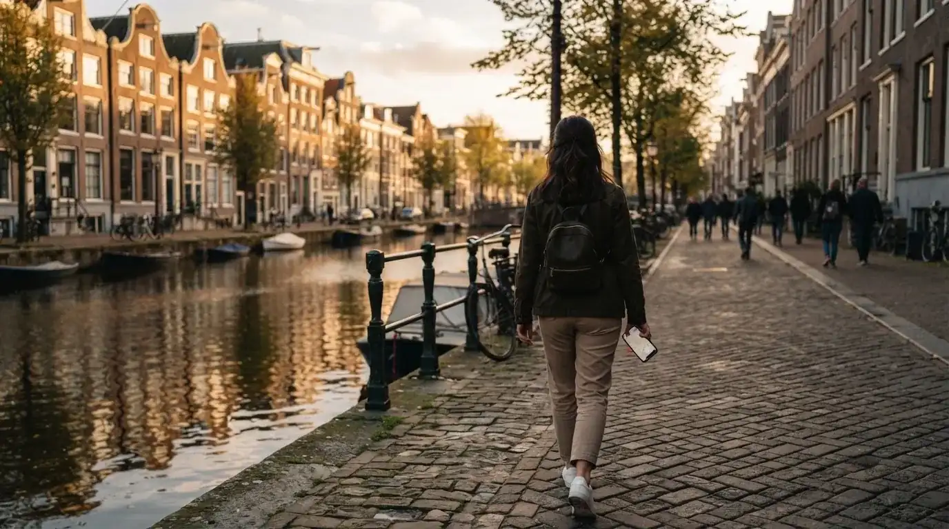 Een persoon loopt met een telefoon in de hand langs een grachtenpand in een Nederlandse stad, met wazige gevels op de achtergrond.