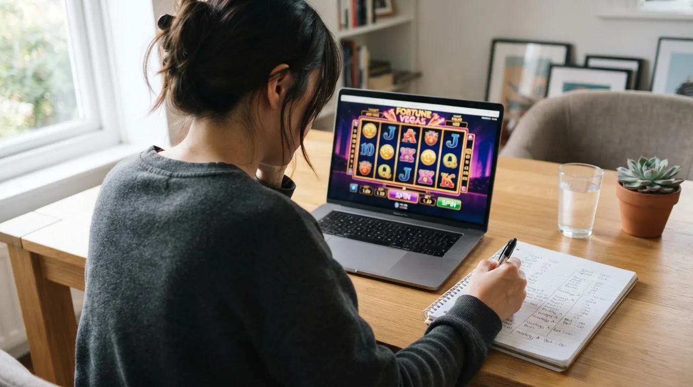 Een persoon zit aan een bureau thuis met een laptop en een notitieblok in daglicht.
