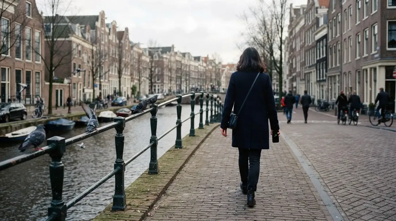 Een volwassene loopt over een brug in een Nederlandse stad met een telefoon in de hand.