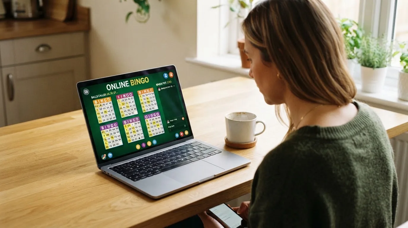 Een vrouw bekijkt rustig op haar laptop de opties voor online spelen aan de keukentafel, met een kopje koffie ernaast.