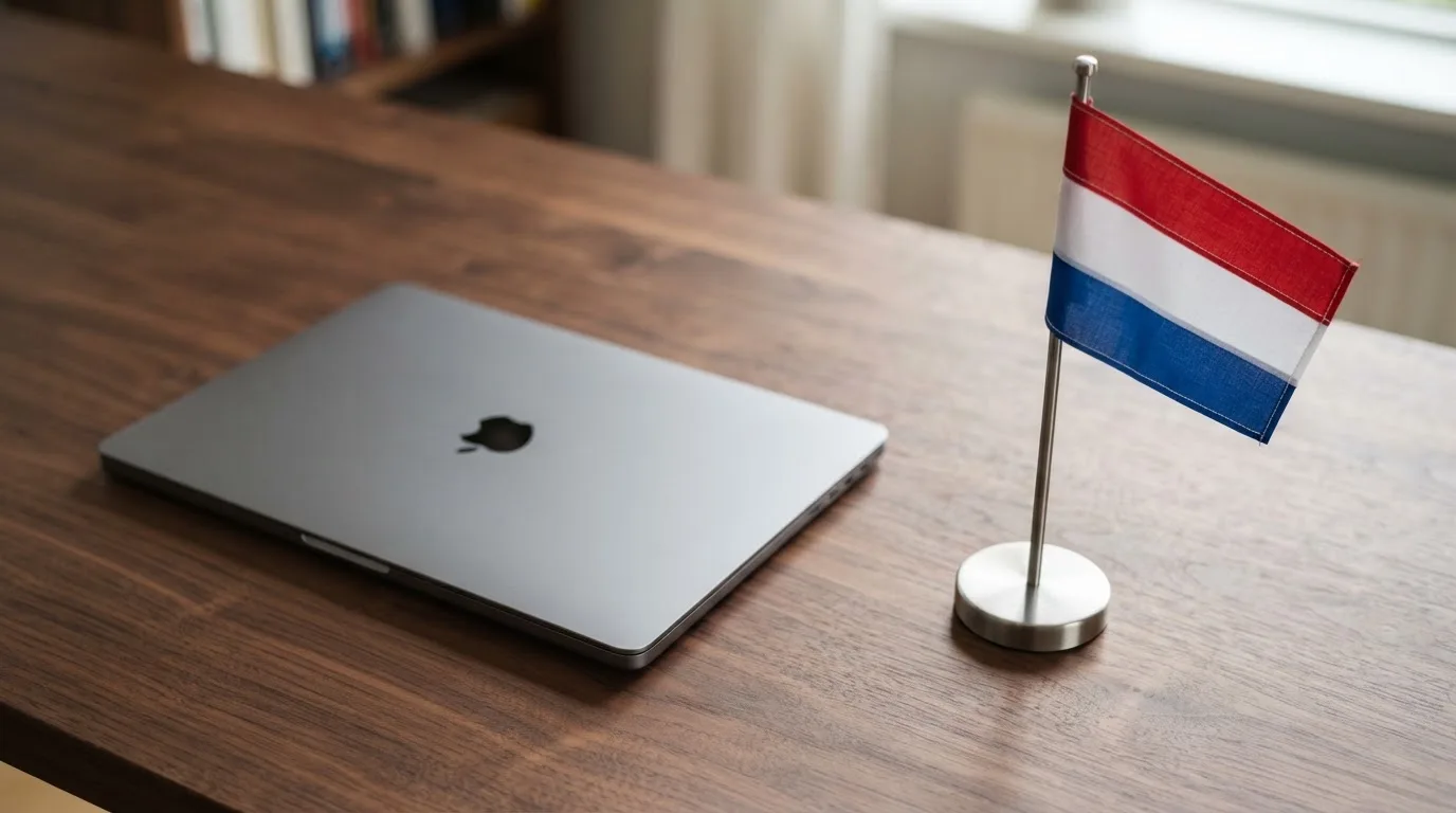 Een bureau met een Nederlandse vlag op een standaard naast een gesloten laptop, symbool voor regelgeving en toezicht op kansspelen.