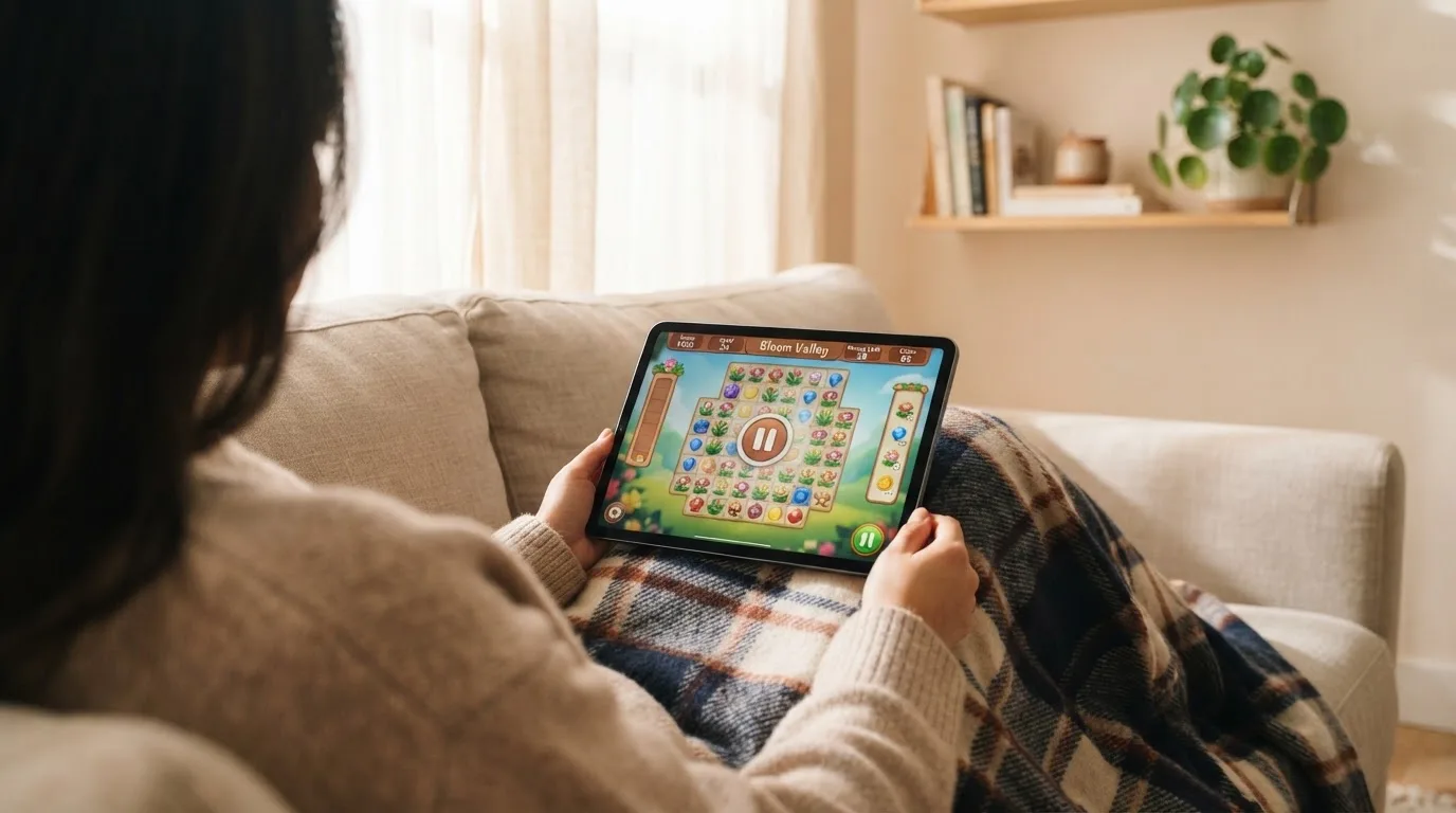 Iemand bekijkt ontspannen een tablet op de bank in een lichte woonkamer, met een plaid over de knieën.