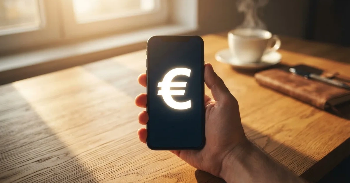 Een hand houdt een smartphone vast met een wazig bankapp-scherm, boven een houten bureau met een kop koffie.