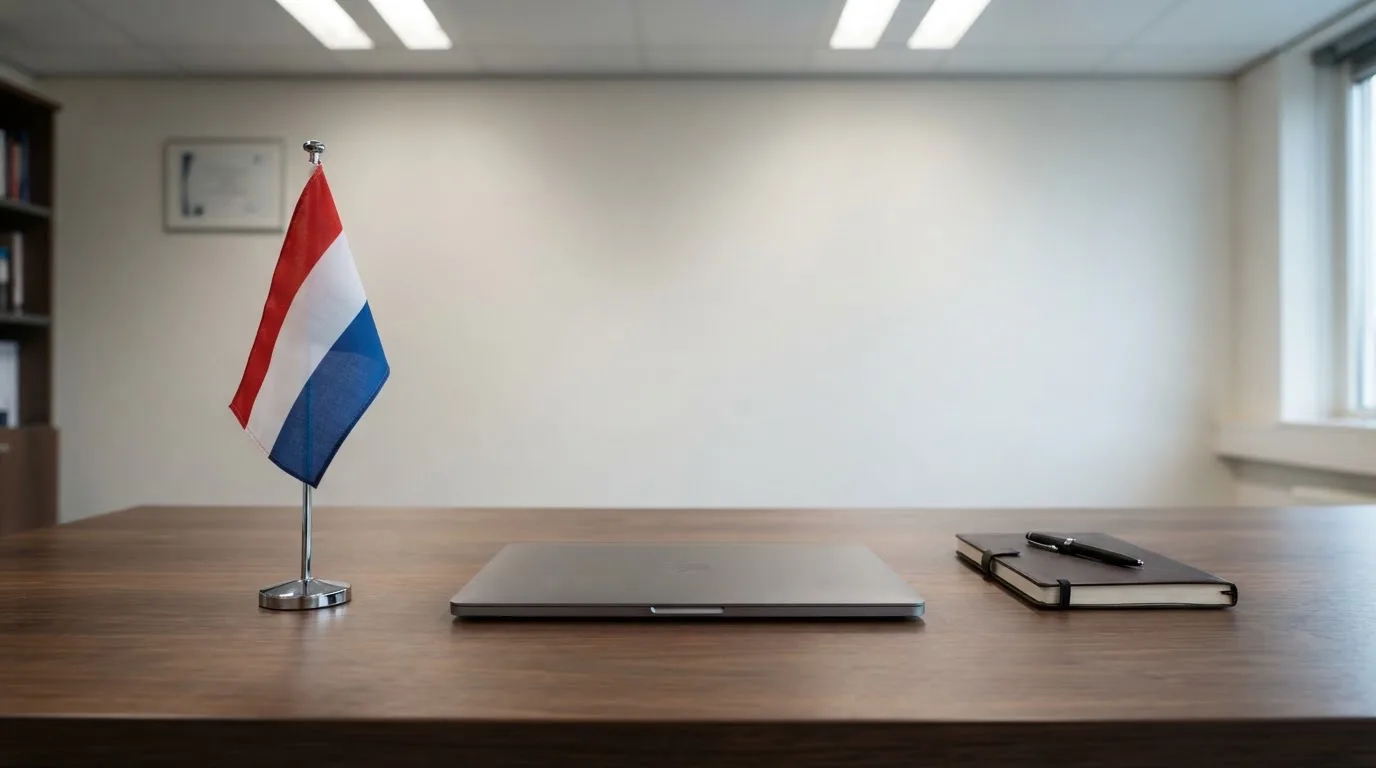 Een kantoorbureau met een Nederlandse vlag op een voetstuk naast een dichte laptop.