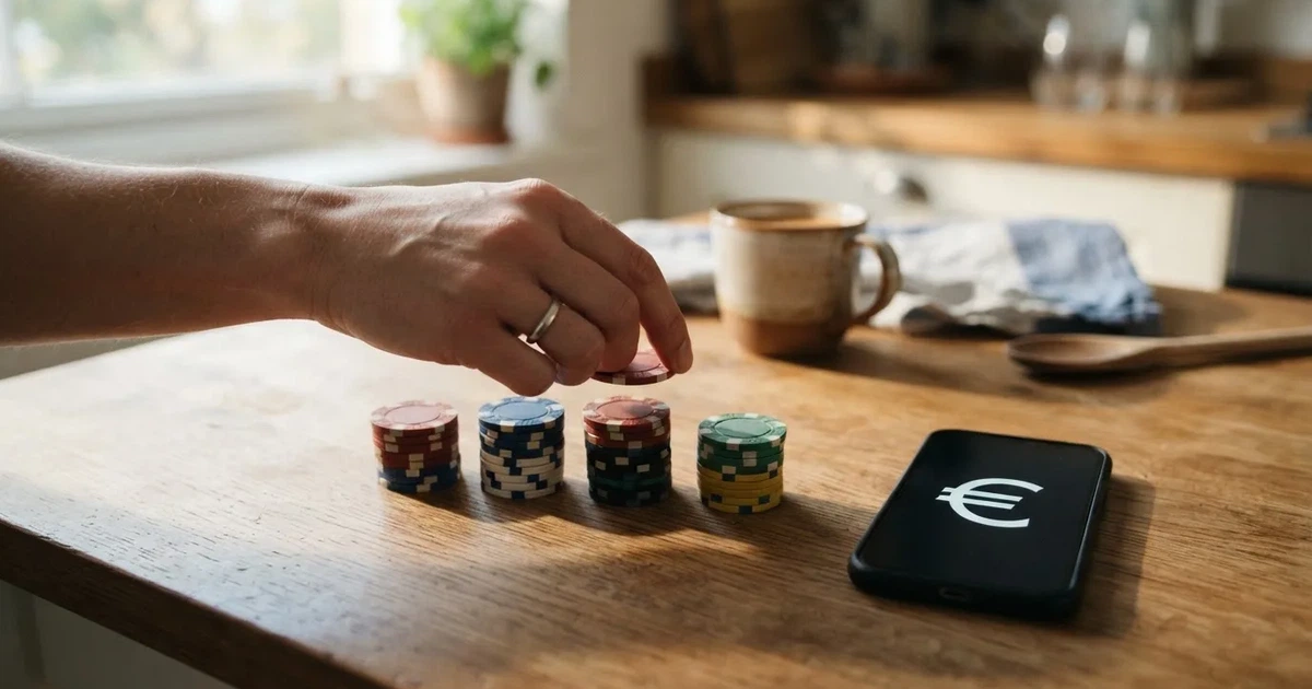 Iemand telt rustig wat muntgeld op een houten tafel naast een smartphone, in een lichte keuken.