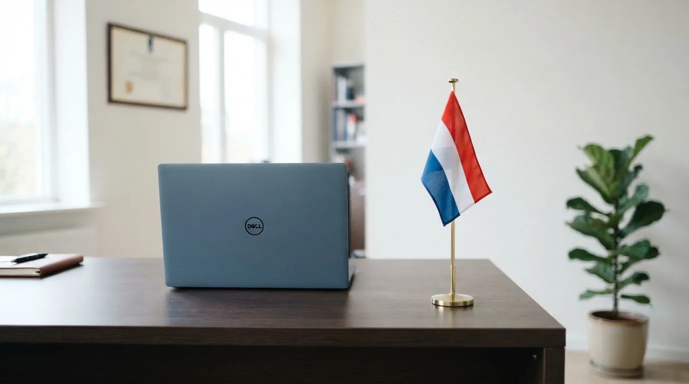 Een kantoorbureau met een Nederlandse vlag op een voetstuk naast een gesloten laptop.
