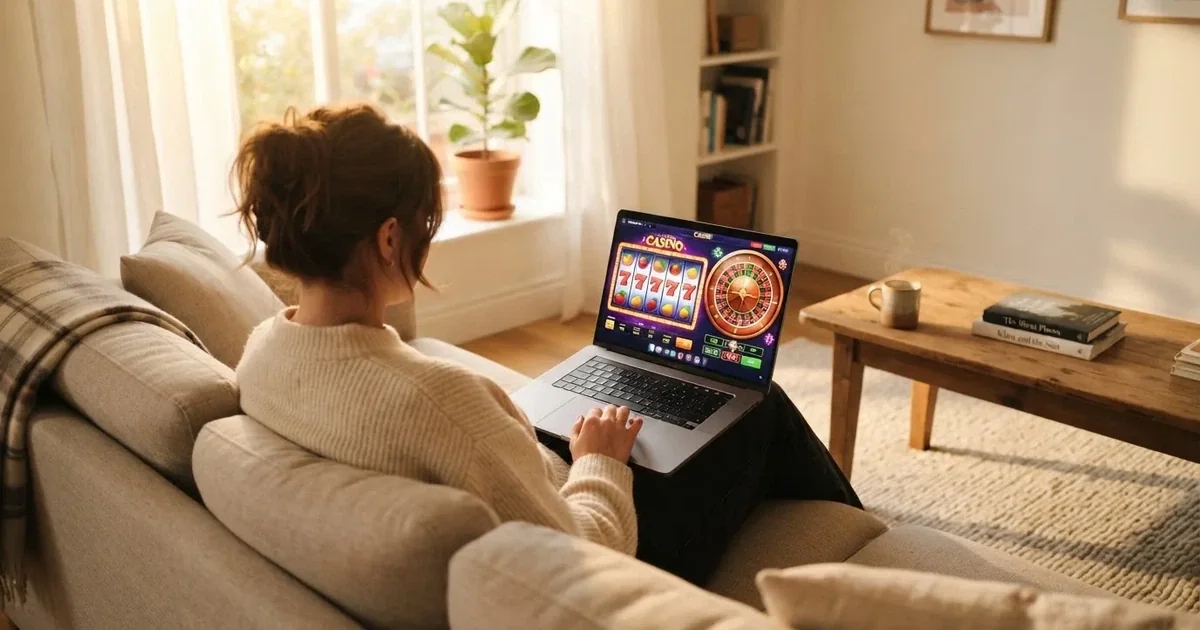 Een persoon zit ontspannen op een bank met een laptop en bekijkt casinospellen in een lichte huiskamer.