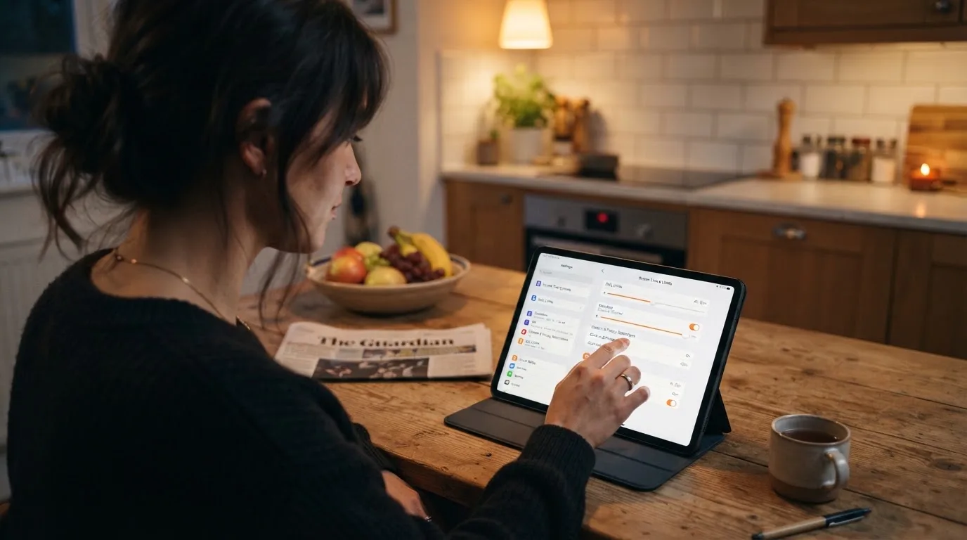 Een persoon bekijkt rustig instellingen voor speellimieten op een tablet aan een keukentafel in de avond.