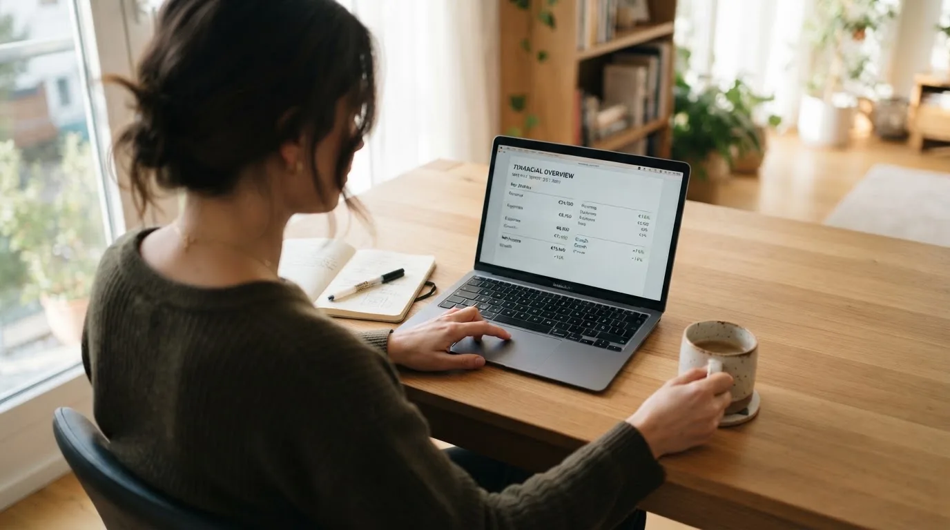Een persoon zit aan een bureau met een kop koffie en bekijkt rustig een overzicht op een laptopscherm.